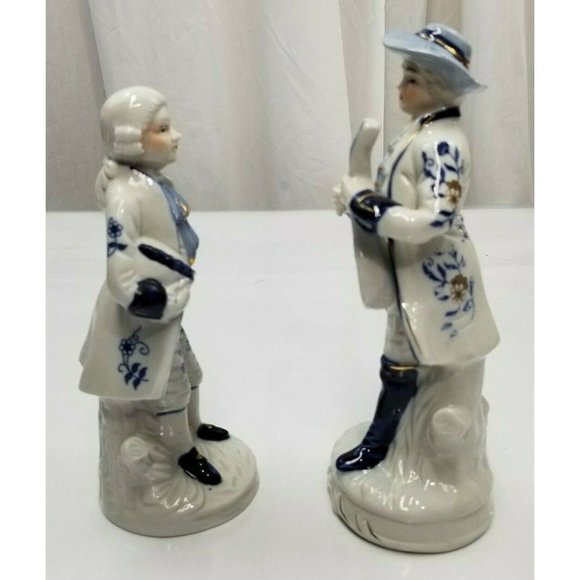 Vintage German Blue White Gold Victorian Ceramic Porcelain Figurine Set of two